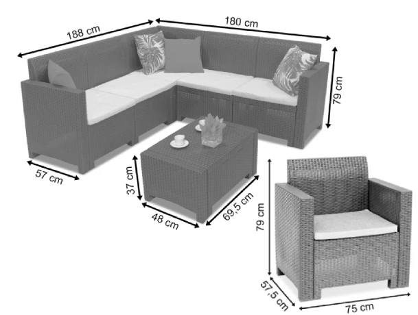 Wymiary produktu Eine Garnitur mit mit Ecksofa Nebraska Corner 7 weißer Bica - 0x0x0