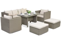 Rattan Gartenmöbel Roma Apetito 5 + 2 Hocker Garden Point hellgrau