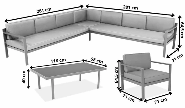 Wymiary produktu Garden Point großes Eckmöbelset Porto Corner 8 anthrazit - 0x0x0