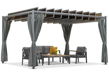 Anthrazitfarbene Paros 3x4m Terrassen-Pergola mit Garden Point Vorhängen
