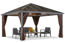 Milos 4x4m Gartenpavillon mit braunen Vorhängen Garden Point