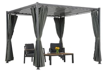Anthrazitfarbene Pergola Tasos 3x3m mit Garden Point Vorhängen