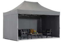 Anthrazitfarbener Manta-Gartenpavillon mit Garden Point-Vorhängen