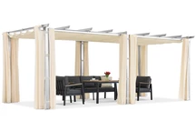 Barbados 3x6 m Terrassenpergola mit Garden Point Gardinen weiß und beige